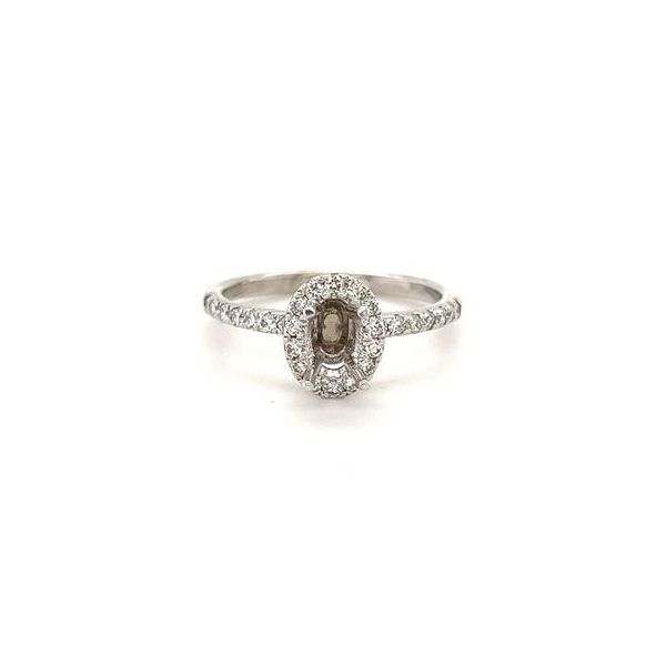 14KT WG SEMI MOUNT ENGAGEMENT RING W/ OVAL HALO CONTAINING ROUND DIAMONDS AND ROUND DIAMONDS IN SHANK .42CTTW Lennon's W.B. Wilcox Jewelers New Hartford, NY