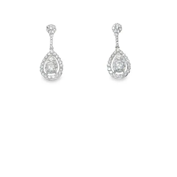 14KT WG DANGLE EARRINGS CONTAINING 2 ROUND DIAMONDS SET IN A PEAR SHAPE WITH HALO CONTAINING ROUND DIAMONDS Lennon's W.B. Wilcox Jewelers New Hartford, NY