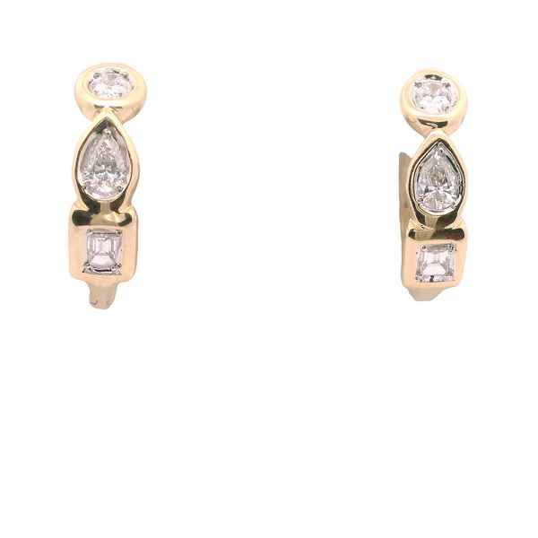 14K YG DIAMOND HINGED HOOP WITH 1- OVAL DIA., .134 CTTW 1-PEAR DIA,.174 CTTW 1-EMER CUT DIA. .105 CTTW   IN EACH HOOP Lennon's W.B. Wilcox Jewelers New Hartford, NY