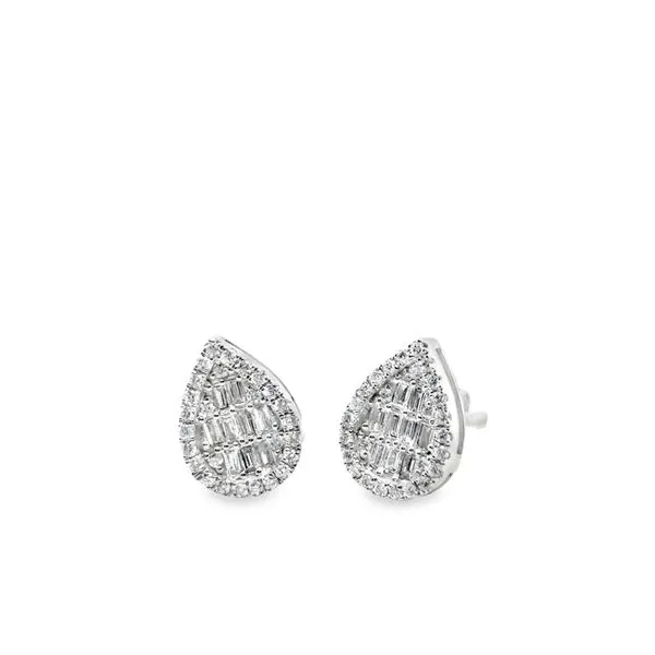 14KT WG PEAR SHAPED STUDS CONTAINING BAGUETTE DIAMONDS AND ROUND DIAMOND HALO .40CTTW Lennon's W.B. Wilcox Jewelers New Hartford, NY