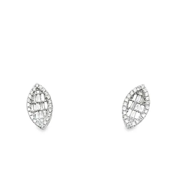 14KT WG MARQ. SHAPED STUDS CONTAINING BAGUETTE DIAMONDS AND ROUND DIAMOND HALO .48CTTW Lennon's W.B. Wilcox Jewelers New Hartford, NY