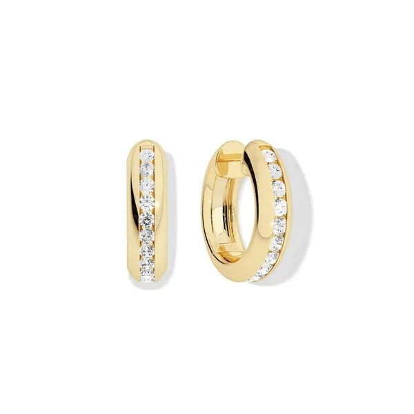 SILENT OPUS 14KYG HUGGIE HOOP EARRINGS W/ CHANNEL SET DIAMONDS .70TW Lennon's W.B. Wilcox Jewelers New Hartford, NY