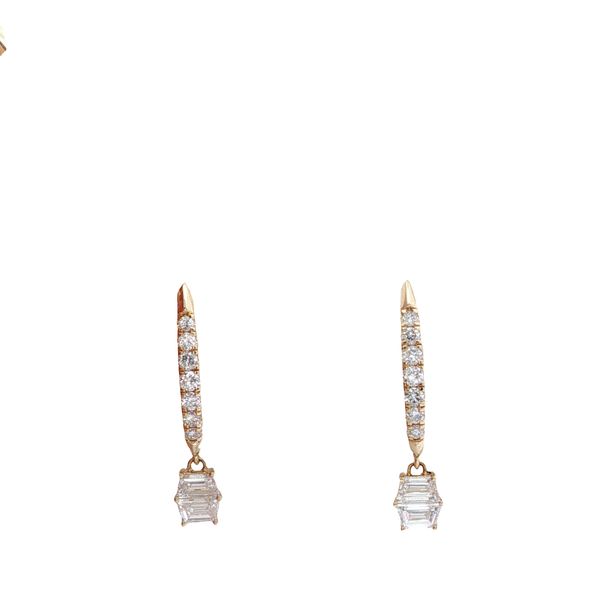 14KY "J HOOP" EARRINGS WITH LAB GROWN ROUND AND EMERALD CUT DIAMONDS = .85CTTW Lennon's W.B. Wilcox Jewelers New Hartford, NY