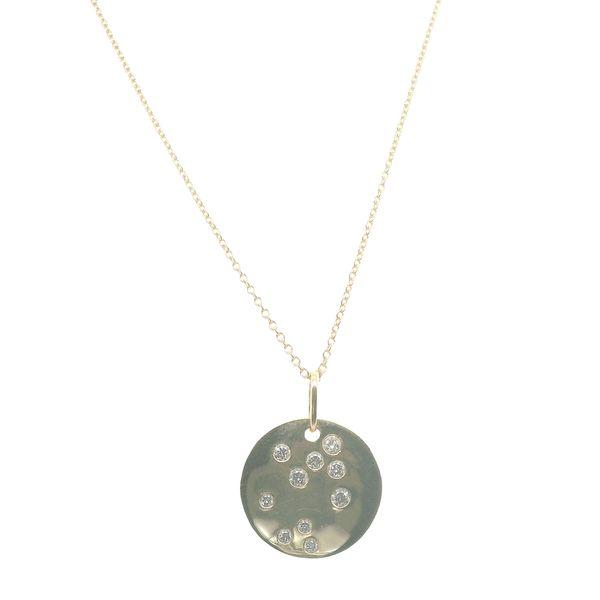 14KT YG ROUND PENDANT WITH 10 ROUND DIAMONDS INSIDE .21CTTW Lennon's W.B. Wilcox Jewelers New Hartford, NY