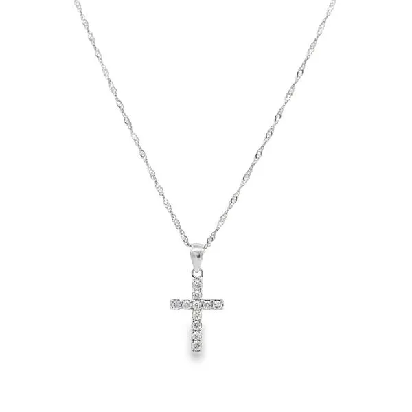 14KT WG CROSS PENDANT CONTAINING ROUND DIAMONDS .25CTTW ON 18 INCH 14KT WG SINGAPORE Lennon's W.B. Wilcox Jewelers New Hartford, NY