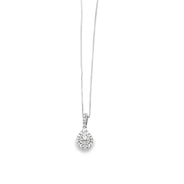 10KT WG PENDANT WITH ROUND DIAMONDS IN PEAR SHAPE SETTING AND ROUND DIAMONDS ON HALO AND BALE .17CTTW Lennon's W.B. Wilcox Jewelers New Hartford, NY