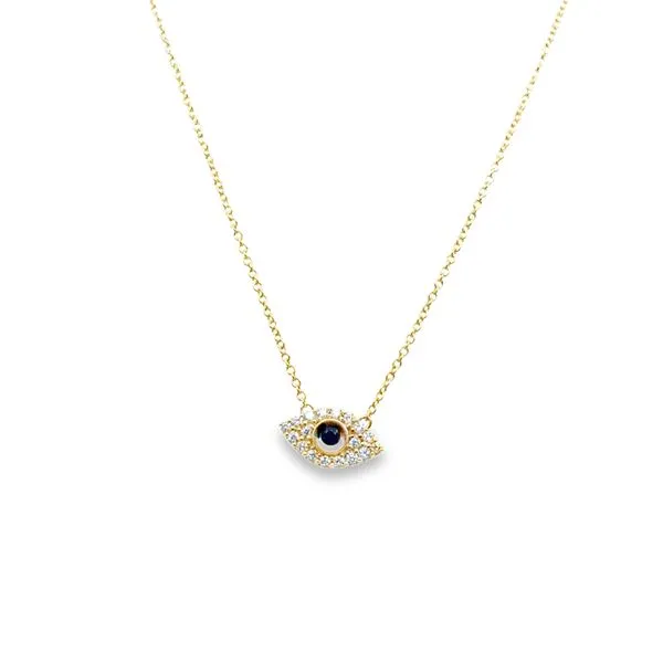 4KT YG EVIL EYE PENDANT WITH ONE BEZEL SAPPHIRE AND ROUND DIAMONDS .13CTTW ON CABLE CHAIN Lennon's W.B. Wilcox Jewelers New Hartford, NY