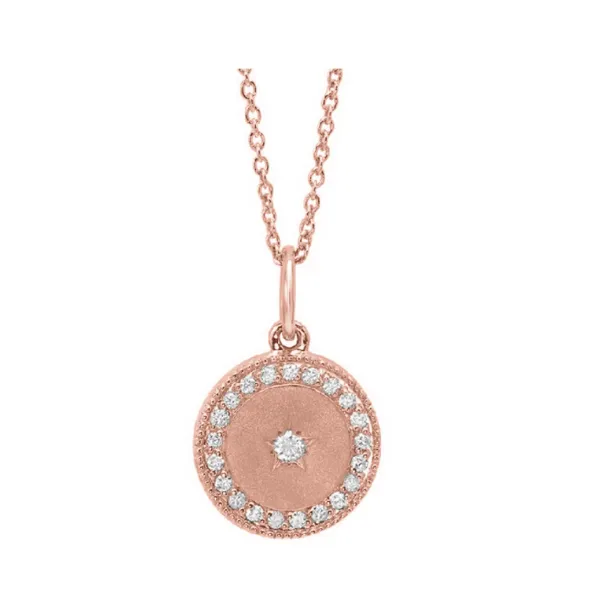 14KT ROSE GOLD ROUND PENDANT CONTAINING ROUND DIAMOND HALO AND ONE ROUND CENTER DIAMOND .20CTTW Lennon's W.B. Wilcox Jewelers New Hartford, NY