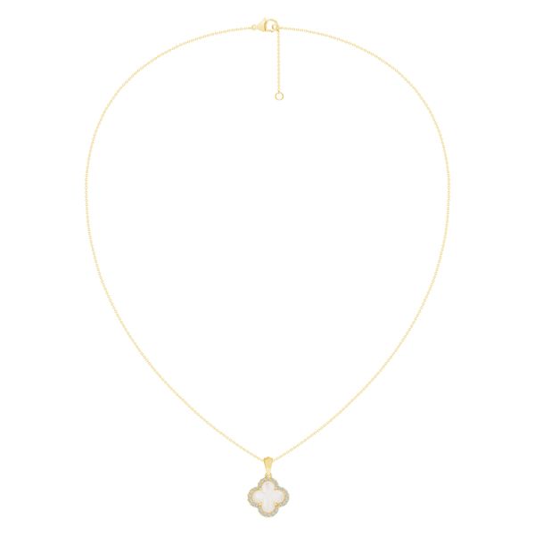 14KYG PENDANT WITH ONE CLOVER SHAPE WITH MOTHER OF PEARL IN A DIAMOND HALO TOTALING .16CT Image 2 Lennon's W.B. Wilcox Jewelers New Hartford, NY