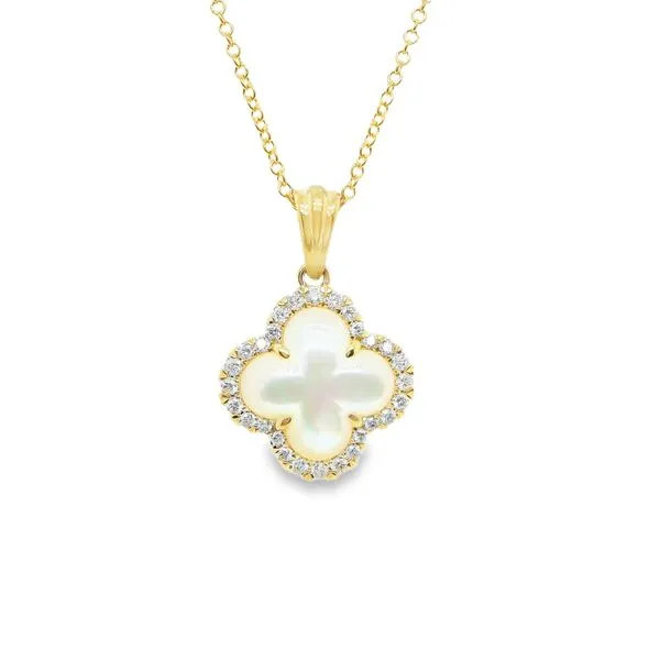 14KYG PENDANT WITH ONE CLOVER SHAPE WITH MOTHER OF PEARL IN A DIAMOND HALO TOTALING .16CT Lennon's W.B. Wilcox Jewelers New Hartford, NY