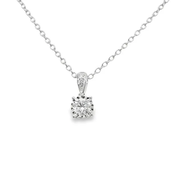 14K WG DIAMOND PENDANT, ROUND DIAMOND ILLUSION SET WITH 3 DIAMONDS ON BAIL TOTALING .15 CT 16-18 ADJUSTABLE CABLE CHAIN Lennon's W.B. Wilcox Jewelers New Hartford, NY