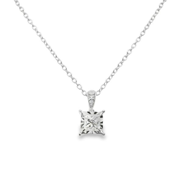 14K WG DIAMOND PENDANT, PRINCESS CUT DIAMOND ILLUSION SET WITH 2 DIAMONDS ON BAIL TOTALING .25 CT 16-18 ADJUSTABLE CABLE CHAIN Lennon's W.B. Wilcox Jewelers New Hartford, NY