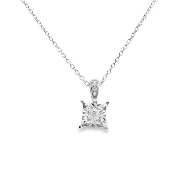 14K WG DIAMOND PENDANT, PRINCESS CUT DIAMOND ILLUSION SET WITH 3 DIAMONDS ON BAIL TOTALING .50 CT 16-18 ADJUSTABLE CABLE CHAIN Lennon's W.B. Wilcox Jewelers New Hartford, NY