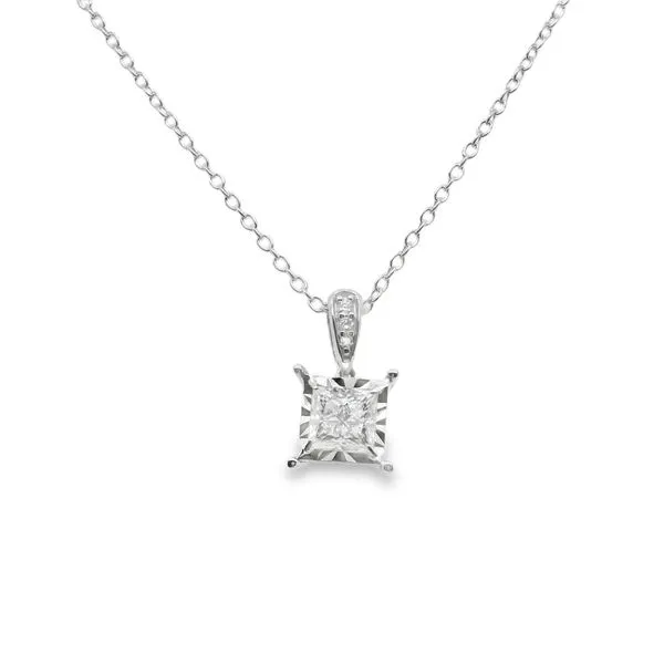 14K WG DIAMOND PENDANT, PRINCESS CUT DIAMOND ILLUSION SET WITH 3 DIAMONDS ON BAIL TOTALING .50 CT Lennon's W.B. Wilcox Jewelers New Hartford, NY