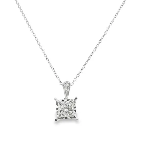 14K WG DIAMOND PENDANT, PRINCESS CUT DIAMOND ILLUSION SET WITH 3 DIAMONDS ON BAIL TOTALING 1.00CTTW Lennon's W.B. Wilcox Jewelers New Hartford, NY