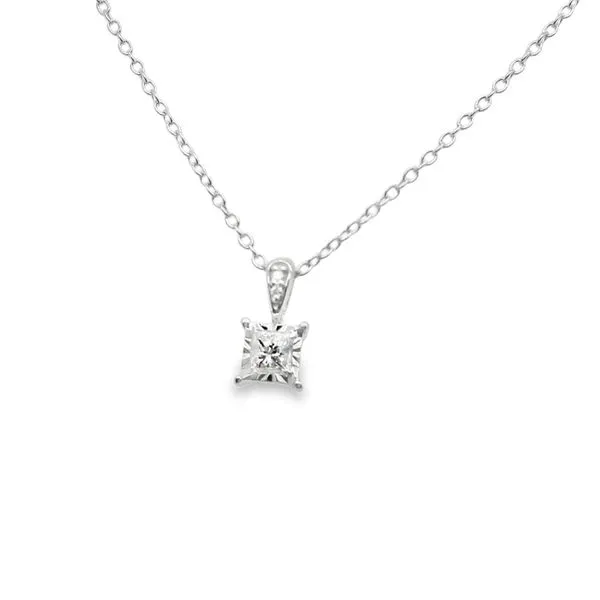 14K WG DIAMOND PENDANT, PRINCESS CUT DIAMOND ILLUSION SET WITH 2 DIAMONDS ON BAIL TOTALING .15 CT 16-18 ADJUSTABLE CABLE CHAIN Lennon's W.B. Wilcox Jewelers New Hartford, NY
