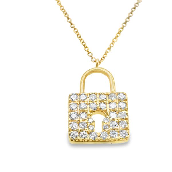14KT Y/G 18" DIAMOND LOCK SHAPE PENDANT WITH 26 ROUND DIAMONDS = .45 CTTW Lennon's W.B. Wilcox Jewelers New Hartford, NY
