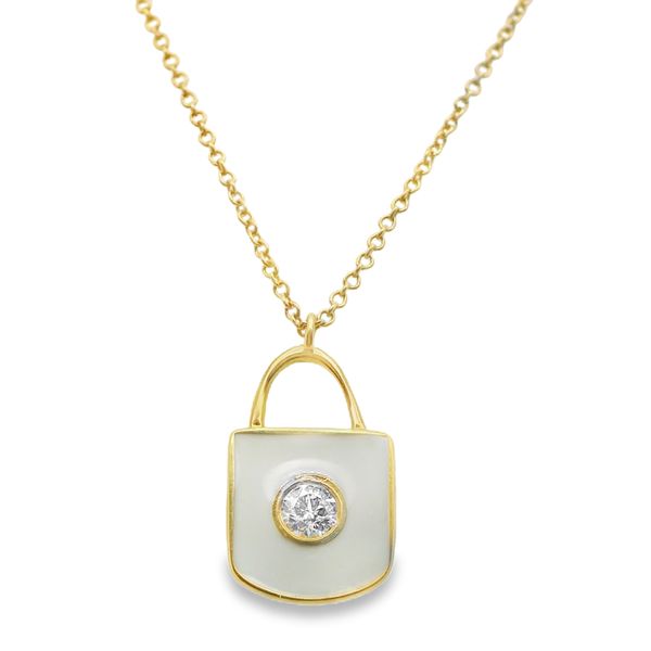 14KT YG 18" NECKLACE WITH LOCK PENDANT WITH ONE ROUND DIAMOND IN CENTER = .10 CTTW Lennon's W.B. Wilcox Jewelers New Hartford, NY