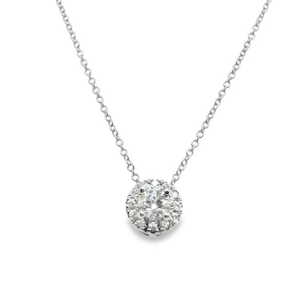 14KT W/G 18" CABLE CHAIN PENDANT ONE ROUND DIAMOND .25 CT WITH HALO 12 ROUND DIAMONDS .08 CT = .33 CTTW Lennon's W.B. Wilcox Jewelers New Hartford, NY