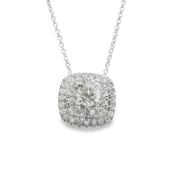 14KT W/G 18" CABLE CHAIN PENDANT, ONE ROUND DIAMOND .25CT, 2 HALOS OF RBC DIAMONDS .25CT =  .50CTTW Lennon's W.B. Wilcox Jewelers New Hartford, NY