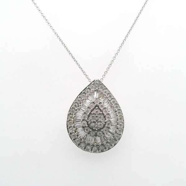 18KW DIAMOND PENDANT WITH ROUND AND BAGUETTE DIAMONDS IN A PEAR SHAPE = 0.75CTTW Lennon's W.B. Wilcox Jewelers New Hartford, NY