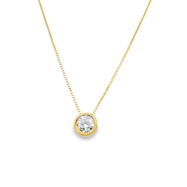 14K YG BEZEL SET NATURAL ROUND DIAMOND PENDANT .39 CT  ON 16" 14K BOX CHAIN Lennon's W.B. Wilcox Jewelers New Hartford, NY