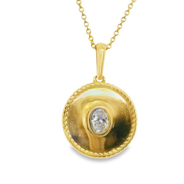 18K YELLOW GOLD CIRCLE PENDANT WITH BEZEL SET OVAL DIAMOND .26CT W/ 18" CHAIN Lennon's W.B. Wilcox Jewelers New Hartford, NY