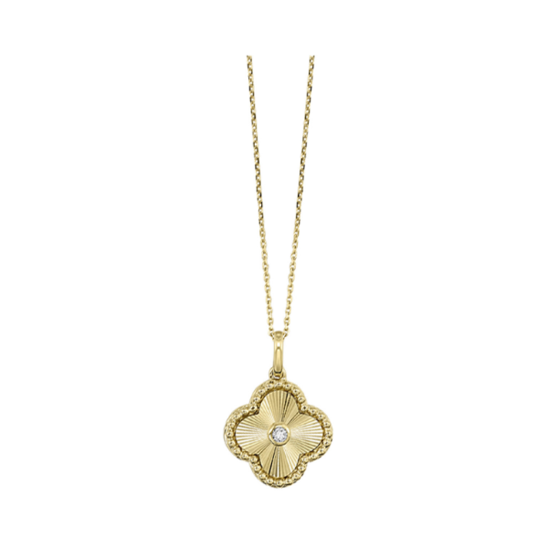 10KY NECKLACE WITH CLOVER SHAPED PENDANT WITH ONE ROUND DIAMOND IN CENTER = .05CT Lennon's W.B. Wilcox Jewelers New Hartford, NY