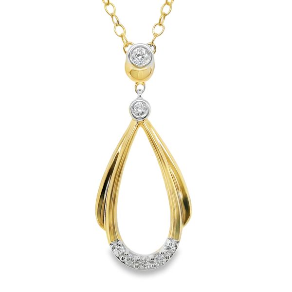 10K 2-TONE FASHION OPEN TEARDROP SHAPED PEND WITH BEZEL SET DIAMONDS IN BAIL AND AT TOP OF PEND. AND 5 PRONG SET DIAS AT BOTTOM  .10 CTTW Lennon's W.B. Wilcox Jewelers New Hartford, NY