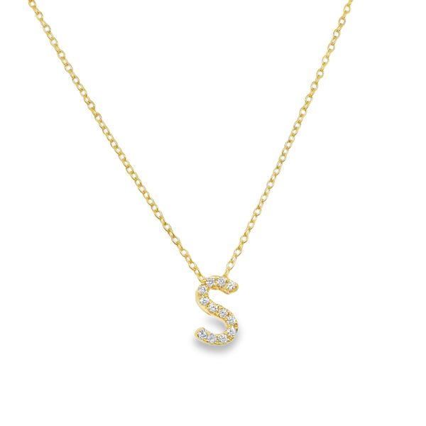 14K YG DIAMOND INITIAL "S"  .05CTTW ON FINE LINK CHAIN 16"+1"+1" WITH LOBSTER CLAW Lennon's W.B. Wilcox Jewelers New Hartford, NY