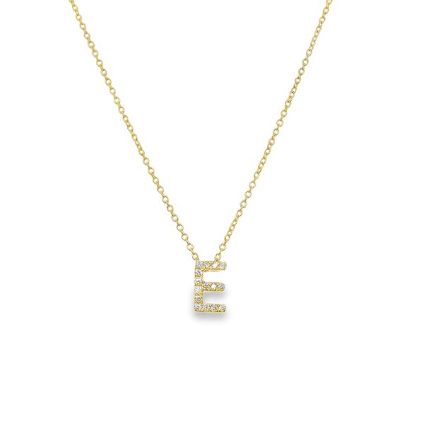 14K YG DIAMOND INITIAL "E" .05 CTTW ON FINE LINK CHAIN  16"+1"+1"  WITH LOBSTER CLAW CLASP Lennon's W.B. Wilcox Jewelers New Hartford, NY