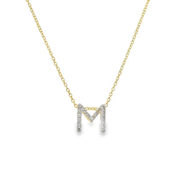 14K YG DIAMOND INITIAL "M" PENDANT ON FINE LINK CHAIN 16"+1"+1"  WITH LOBSTER CLAW CLASP Lennon's W.B. Wilcox Jewelers New Hartford, NY