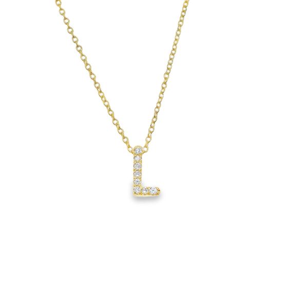 14K YG DIAMOND INITIAL "L" .05 CTTW  ON FINE LINK CHAIN 16"+1"+1"  WITH LOBSTER CLAW Lennon's W.B. Wilcox Jewelers New Hartford, NY