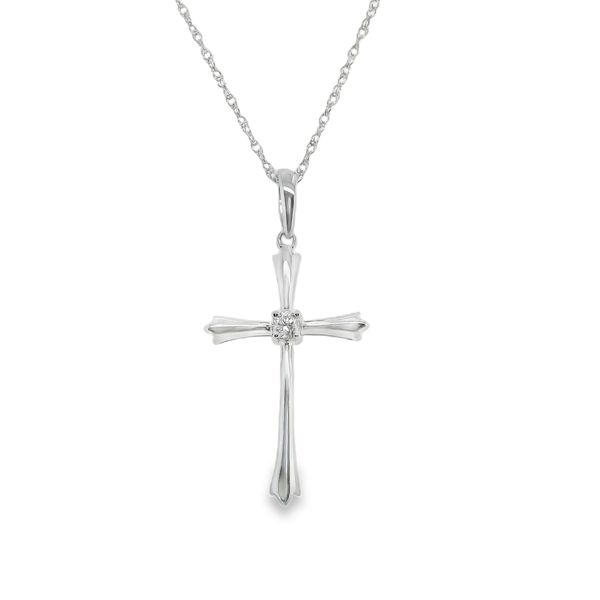 10K WG CROSS WITH .05 CT DIAMOND IN CENTER  ON 18" FINE ROPE CHAIN   16"+2" Lennon's W.B. Wilcox Jewelers New Hartford, NY
