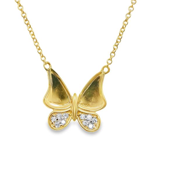 10 K YG BUTTERFLY NECKLACE WITH PAVE DIAMONDS IN WINGS .04 CTTW ON 18" ADJ. LENGTH CABLE CHAIN Lennon's W.B. Wilcox Jewelers New Hartford, NY