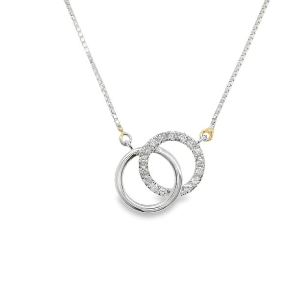 10K WG INTERLOCKING CIRCLES - ONE WITH DIAMONDS .08 CTTW  ON 18" 10WG BOX CHAIN Lennon's W.B. Wilcox Jewelers New Hartford, NY