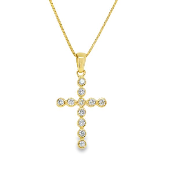 14K YG DIAMOND CROSS PENDANT 11 BEZEL SET DIAS. = .10 CTTW  ON 16" 14K YG BOX CHAIN  MZ002468-14Y Lennon's W.B. Wilcox Jewelers New Hartford, NY