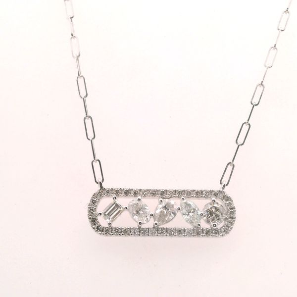 14KW PAPERCLIP NECKLACE WITH FANCY SHAPE DIAMONDS: EMERALD, OVAL, PEAR, MARQUISE, ROUND .94CTTW Lennon's W.B. Wilcox Jewelers New Hartford, NY
