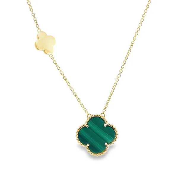 14KT YG NECKLACE CONTAINING ONE FLAT CLOVER AND ONE REVERSIBLE CLOVER WITH ONE CENTER ROUND DIAMOND .05CTTW AND MALACHITE 3.03CTTW Image 2 Lennon's W.B. Wilcox Jewelers New Hartford, NY