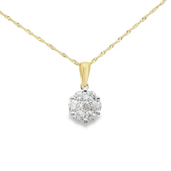  14 Karat Yellow Gold Flower Cluster Necklace Length 18 With 7 1.00Tw Round Diamonds Lennon's W.B. Wilcox Jewelers New Hartford, NY