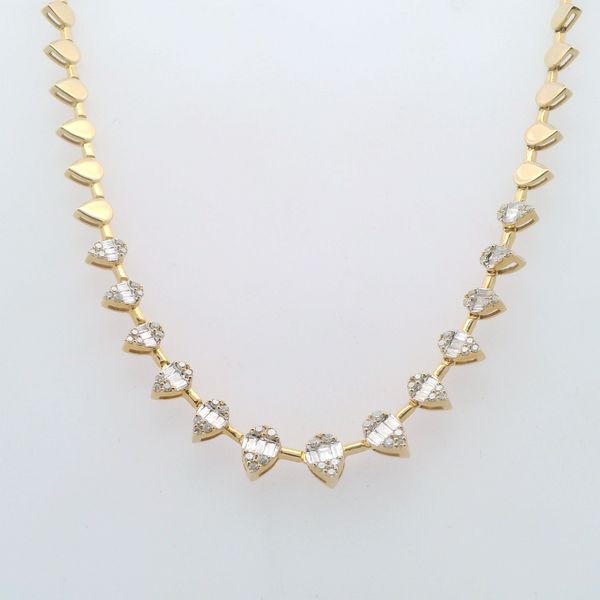 18KT YG DIAMOND NECKLACE 16" CONTAINING BAGUETTE AND ROUND DIAMONDS IN A PEAR SHAPE DESIGN = 0.79 CTTW Lennon's W.B. Wilcox Jewelers New Hartford, NY