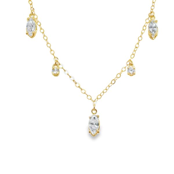 14K YG 16" NATURAL DIAMOND NECKLACE  3-MARQUISE = .80CTTW  2-RBC = .10CTTW Lennon's W.B. Wilcox Jewelers New Hartford, NY