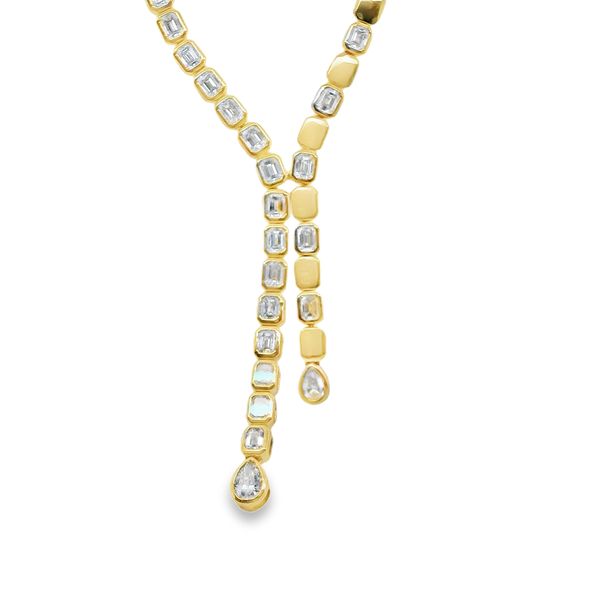 14K YG DIAMOND "Y" NECKLACE WITH EMERALD CUT DIAMONDS THROUGHOUT AND 2 PEAR SHAPED DIAS AT ENDS.  TDW= 3.86 CTTW Lennon's W.B. Wilcox Jewelers New Hartford, NY