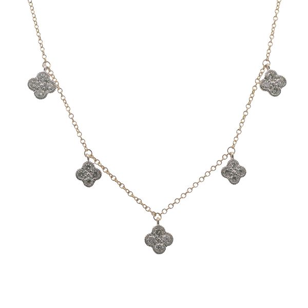 14K YG 18" CHAIN WITH 7 - DIAMOND DANGLES CONTAINING 4 DIAMONDS EACH, SET IN 14 K WHITE GOLD .49 CTTW Lennon's W.B. Wilcox Jewelers New Hartford, NY