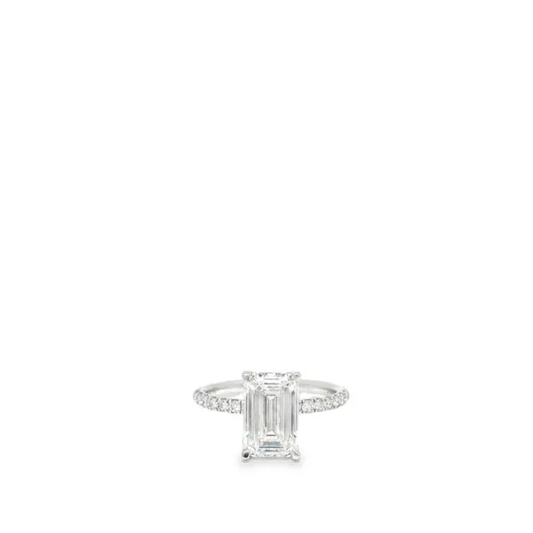 14Kt White Gold Engagement Ring with One Emerald Cut Lab Diamond and Round Lab Diamonds on Hidden Halo and Shank  Lennon's W.B. Wilcox Jewelers New Hartford, NY