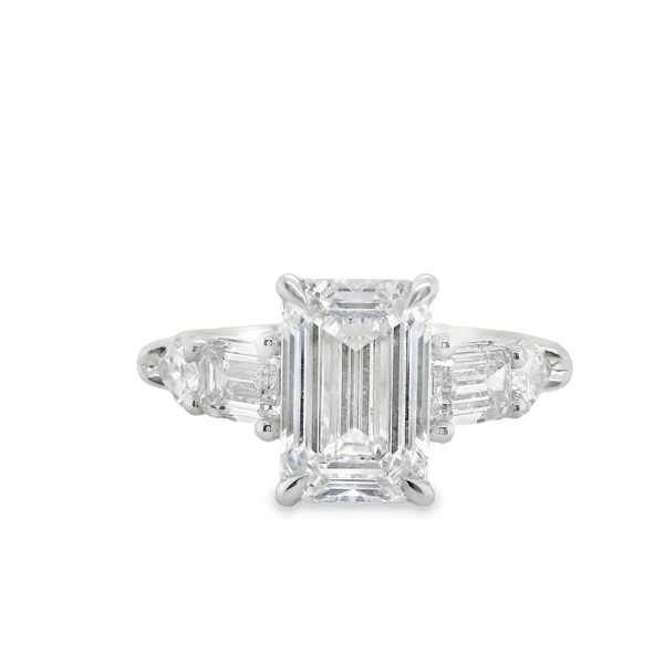 14K WG LAB GROWN DIA RING WITH EMERALD CUT CENTER =3.03 CT D/VS1  2-BAGUETTES = 1.02CTTW, 2 -PEARSHAPE = .47 CTTTW Lennon's W.B. Wilcox Jewelers New Hartford, NY