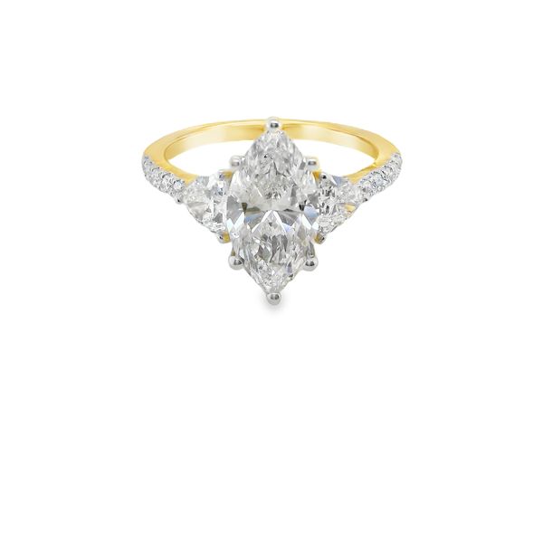 14K YG LAB GROWN DIAMOND RING WITH MARQUISE CENTER 1.85CT GH/SI1-SI2  WITH TRILLIONS ON EACH SIDE OF CENTER AND RNDS. IN HIDDEN HALO AND  SHANK TOTAL WT OF LAB GROWN DIAS  = 2.23 CT Image 2 Lennon's W.B. Wilcox Jewelers New Hartford, NY