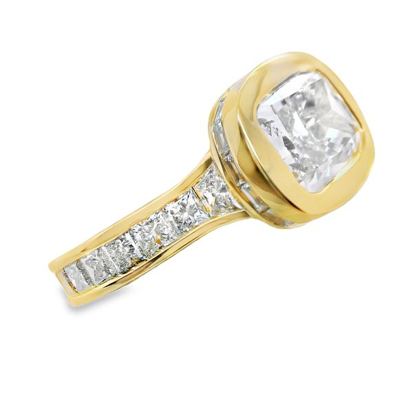 14K LAB GROWN DIAMOND RING WITH 3.00 CUSHION CUT CENTER, SET EAST-WEST. 18 LAB BAGUETTES SET IN HIDDEN HALO, 2 TRAPEZOID LAB DIAS. AND 14 LAB P.C. DOWN SHANK SEMI-MTG =1.84CTTW<br>IGI CERT # LG749564978 Image 2 Lennon's W.B. Wilcox Jewelers New Hartford, NY