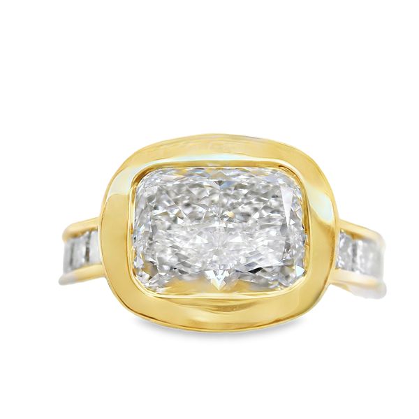 14K LAB GROWN DIAMOND RING WITH 3.00 CUSHION CUT CENTER, SET EAST-WEST. 18 LAB BAGUETTES SET IN HIDDEN HALO, 2 TRAPEZOID LAB DIAS. AND 14 LAB P.C. DOWN SHANK SEMI-MTG =1.84CTTW<br>IGI CERT # LG749564978 Lennon's W.B. Wilcox Jewelers New Hartford, NY
