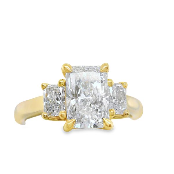 14K YG LAB GROWN 3 - DIAMOND RING WITH 3 RADIANT CUT LABS.  THE CENTER STONE WEIGHS 1.54 CTS  E/VS1 - 2 SIDE STONES EQUAL .48CTTW<br>IGI CERT # LG634496669 Lennon's W.B. Wilcox Jewelers New Hartford, NY